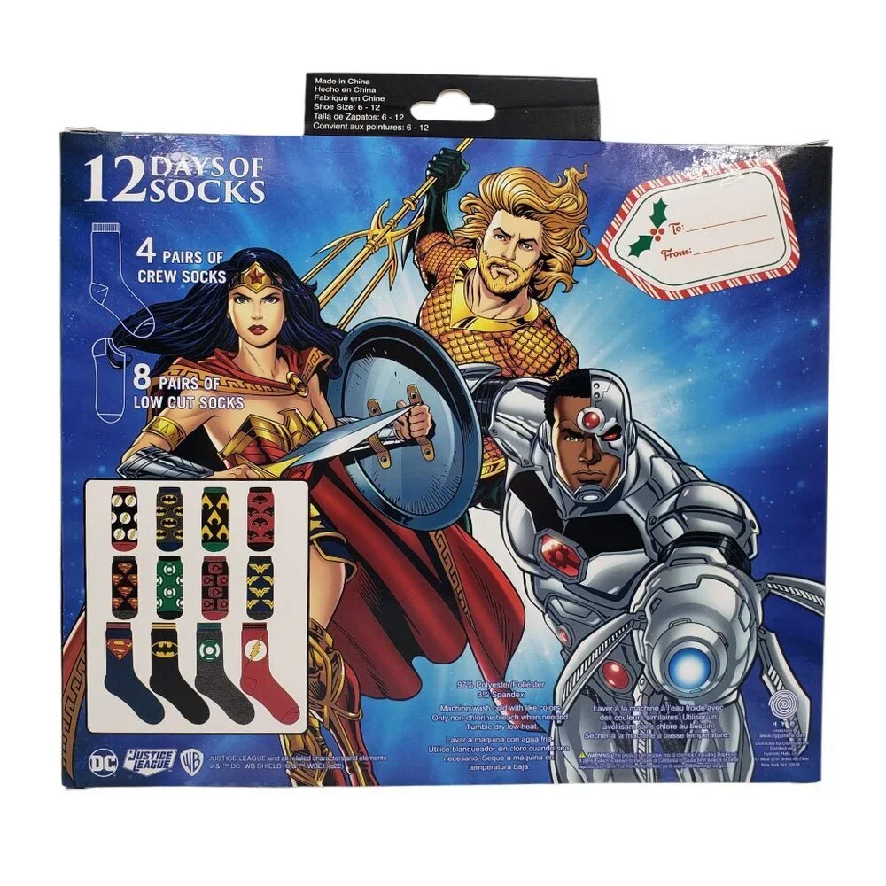 Justice League DC Comics Novelty Socks 12 Pairs Advent Gift‎ Box Adult Size 6-12